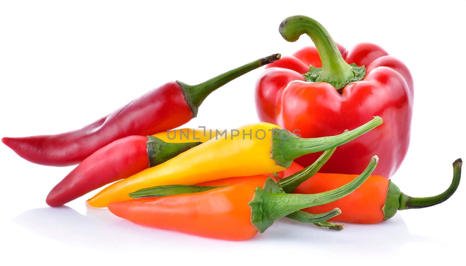 Red, green and yellow bell peppers isolated on white background. AI generated