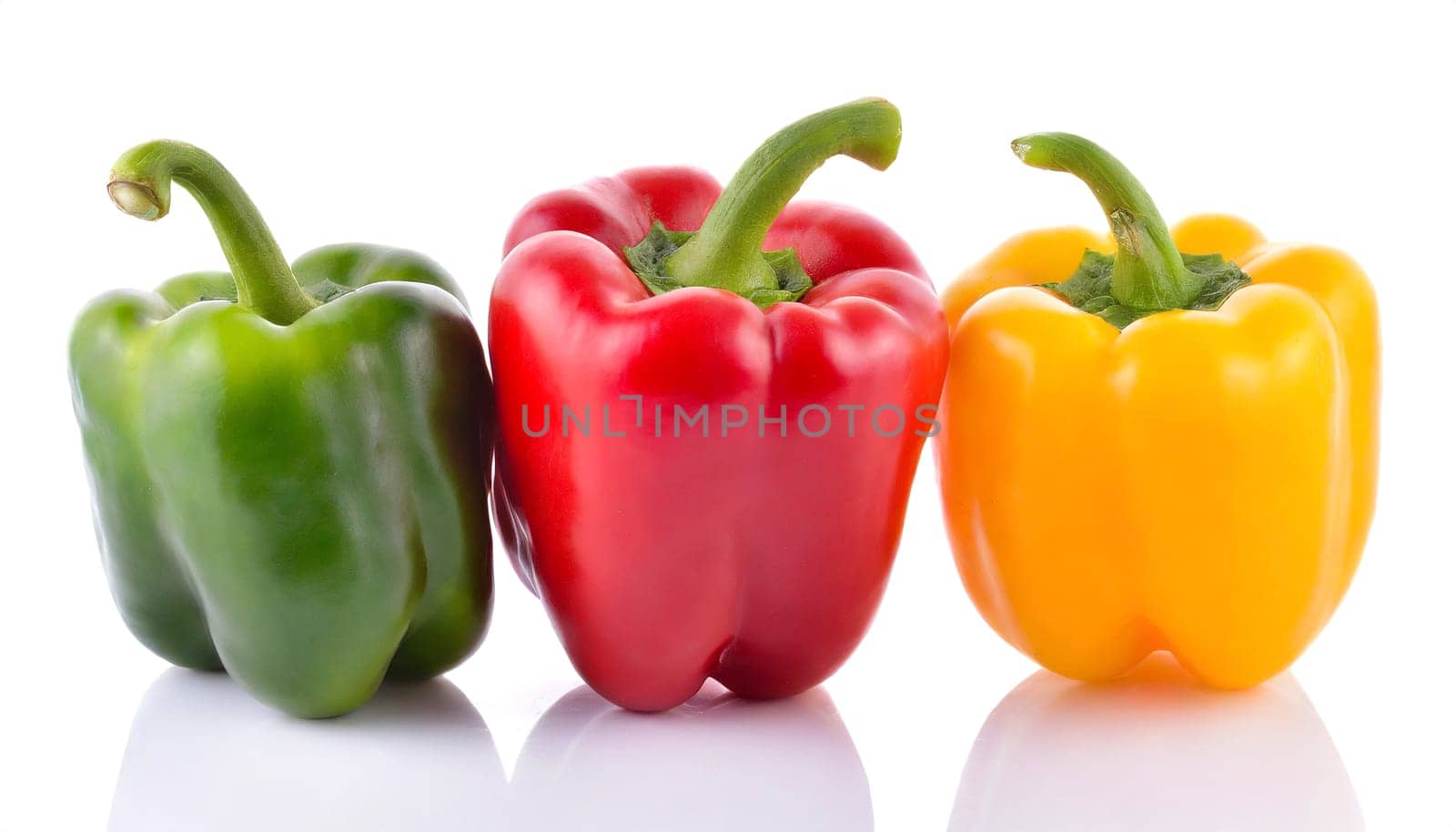 Red, green and yellow bell peppers isolated on white background. AI generated