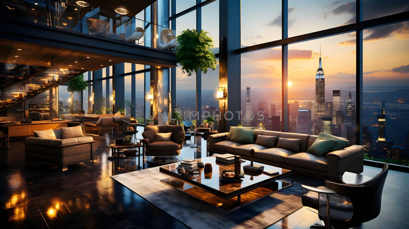 Computer generated illustration sketch of a high-end luxury club where visionary senior executives meet to redefine leadership in an ever-changing business. The view of the outside is very beautiful.