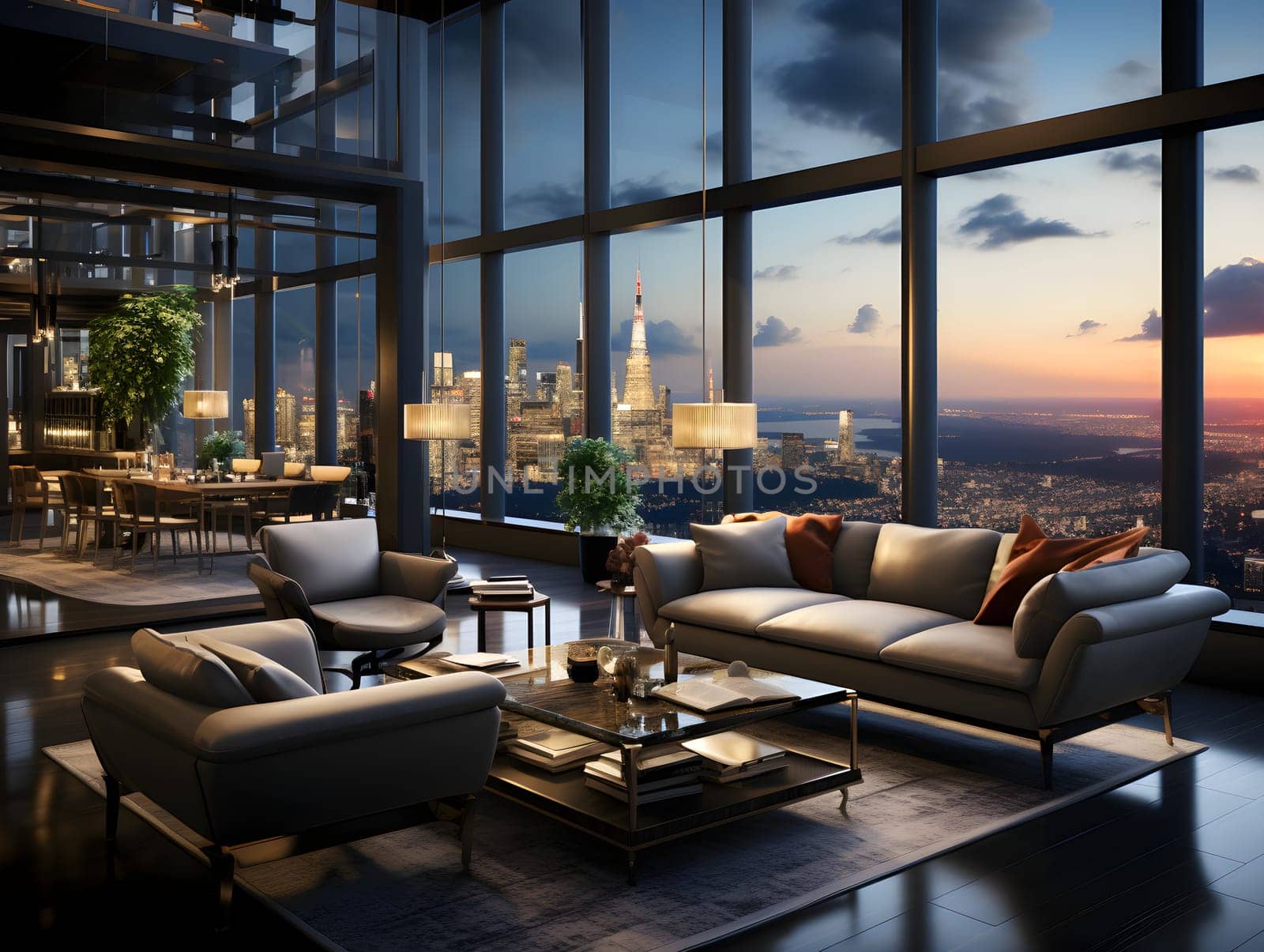 Computer generated illustration sketch of a high-end luxury club where visionary senior executives meet to redefine leadership in an ever-changing business. The view of the outside is very beautiful.