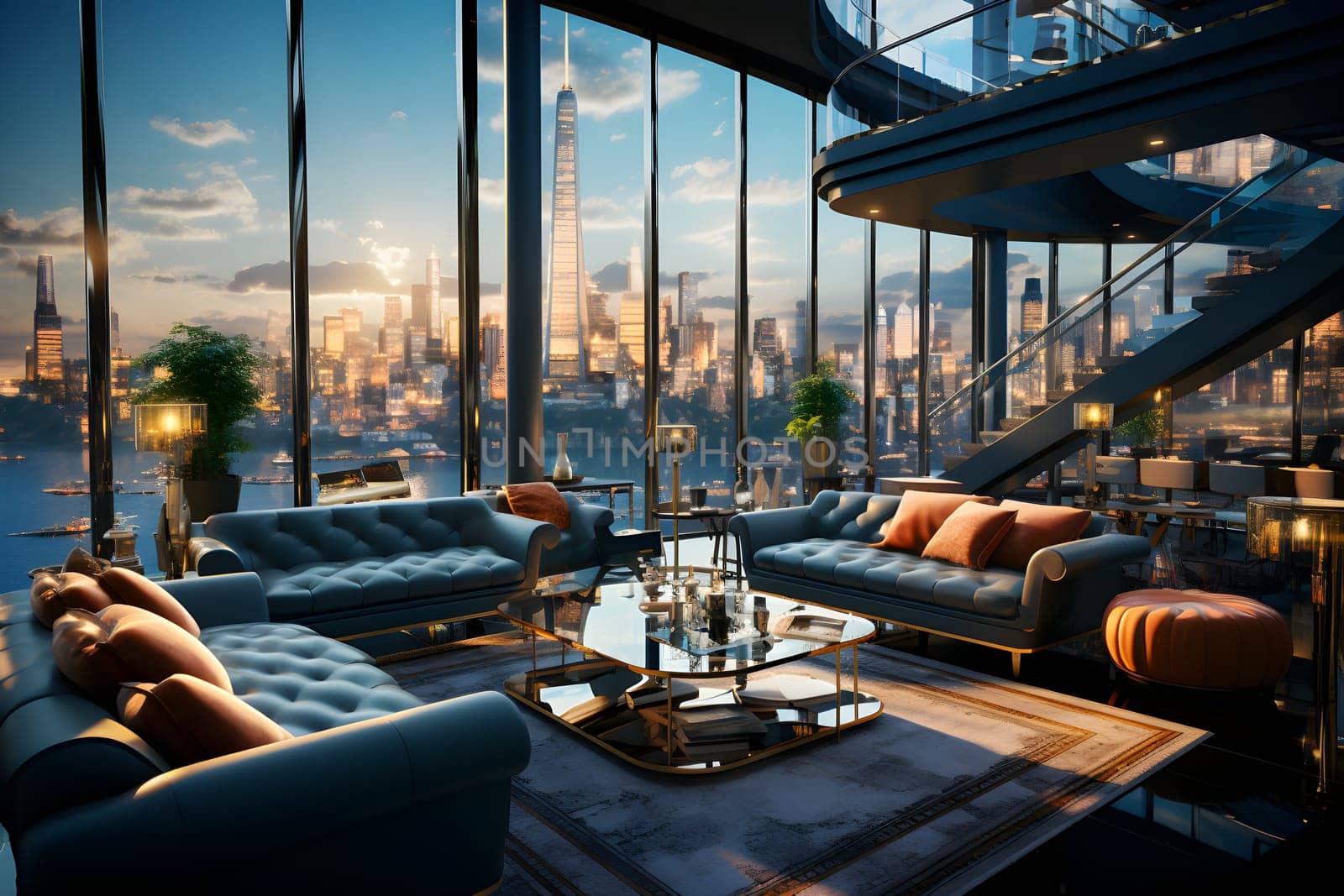 Computer generated illustration sketch of a high-end luxury club where visionary senior executives meet to redefine leadership in an ever-changing business. The view of the outside is very beautiful.