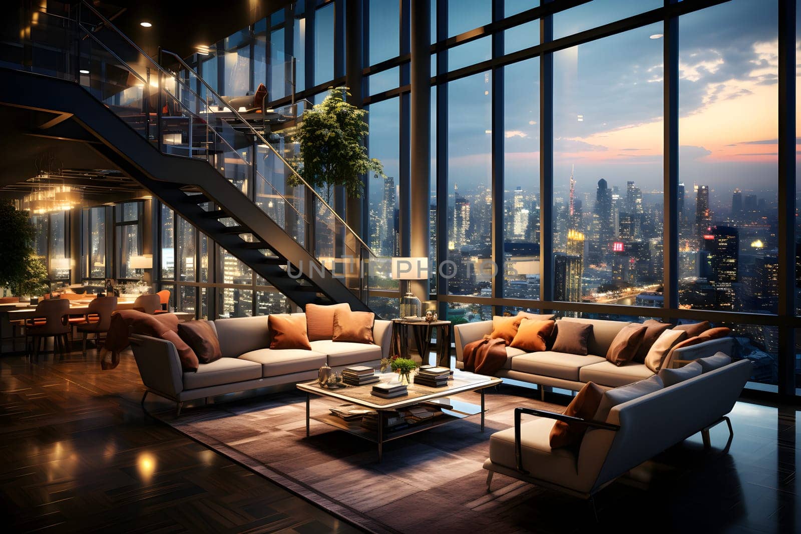 Computer generated illustration sketch of a high-end luxury club where visionary senior executives meet to redefine leadership in an ever-changing business. The view of the outside is very beautiful.