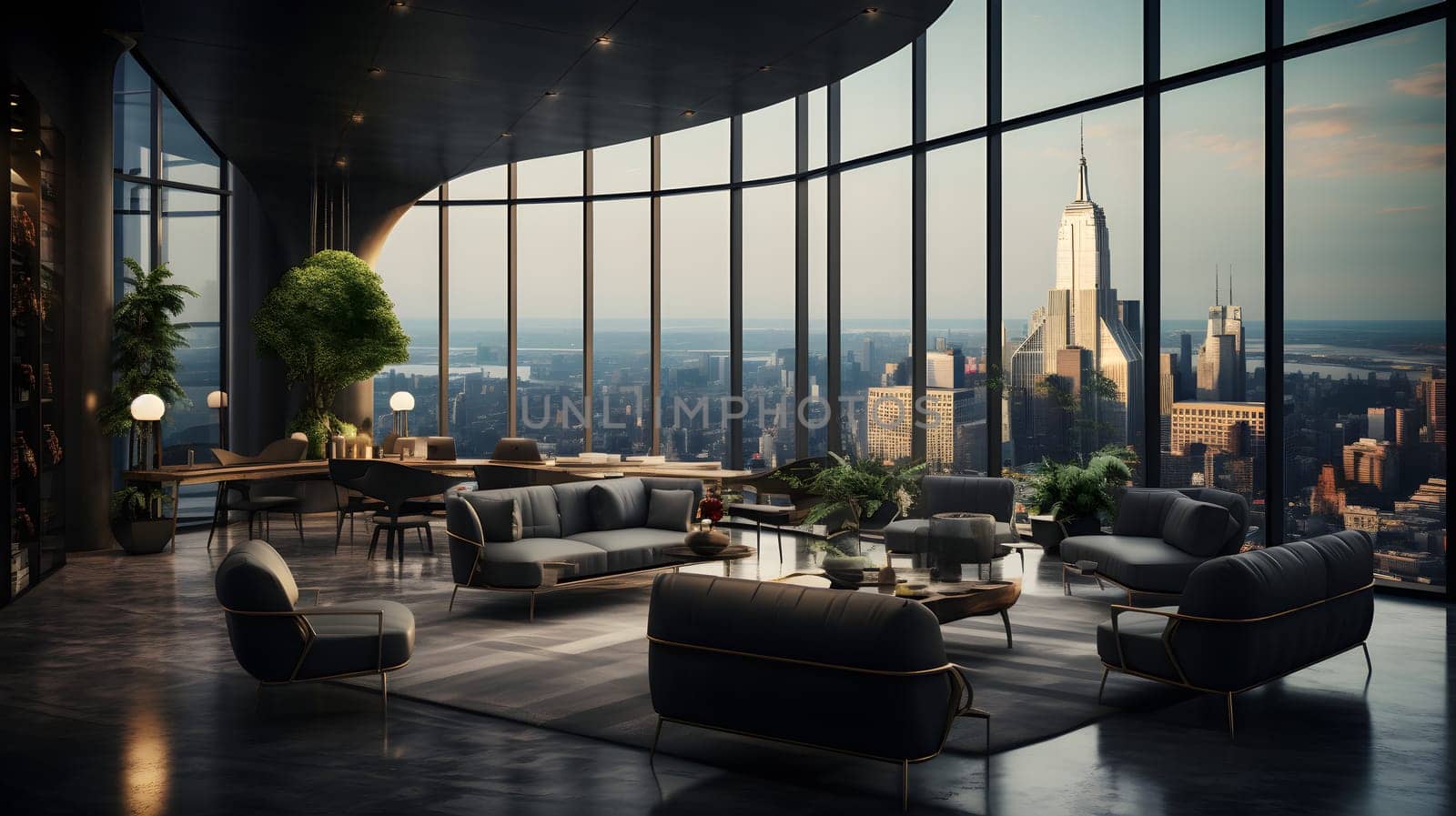 Computer generated illustration sketch of a high-end luxury club where visionary senior executives meet to redefine leadership in an ever-changing business. The view of the outside is very beautiful.