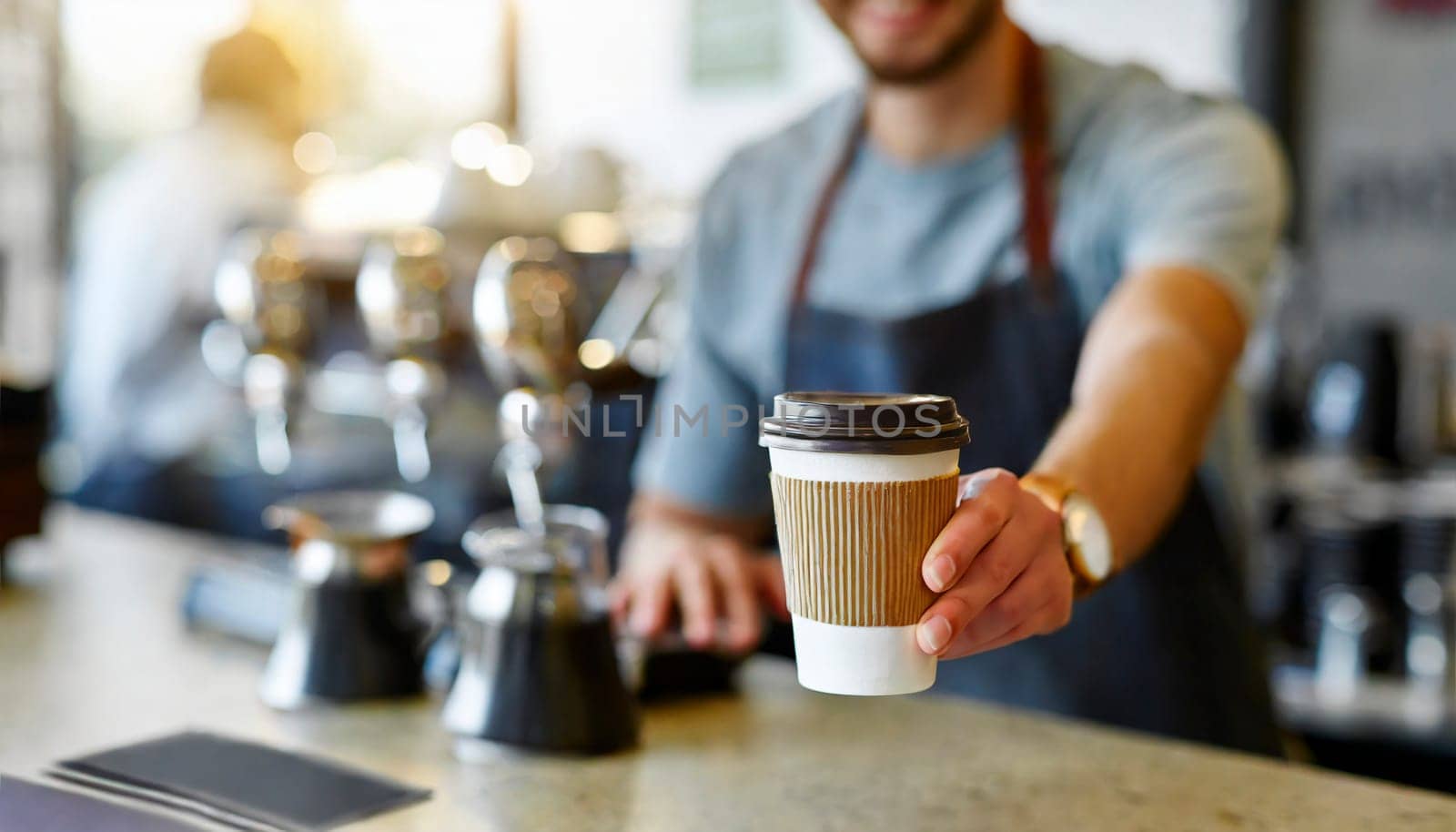 Coffee to go in hand of barista in coffee shop. AI generated