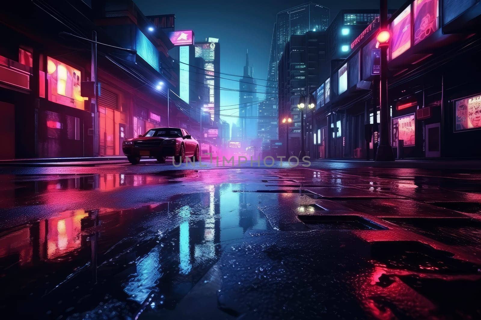 Neon-Lit Street After Rain. High quality photo