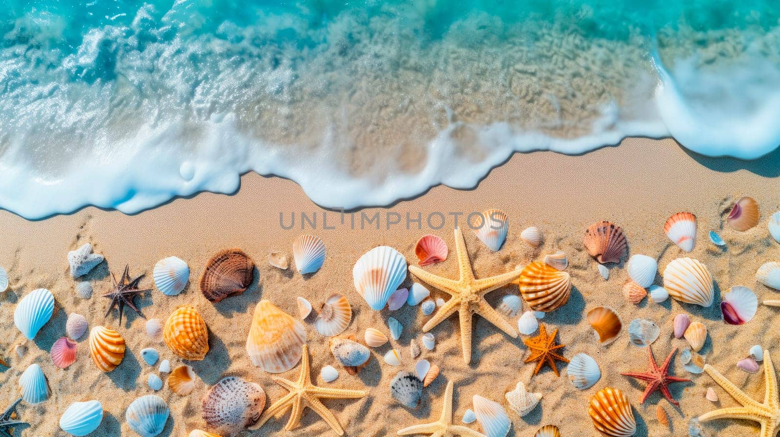 Sea coast with sand, ocean wave, shells and star fish, top view.  Paradise island, exotic tropical beach. AI generated