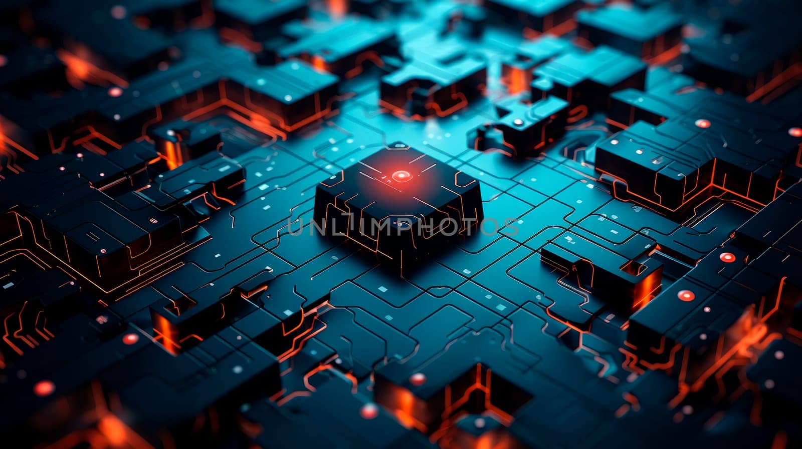 Visual representation of an encrypted network fortress, where intricate patterns and shields create a robust and secure abstract background for cybersecurity. Data Center Secure Servers. AI generated