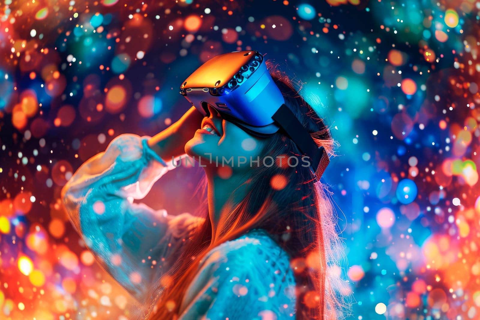 Happy modern young woman with VR headset. Millennial female experiencing virtual reality adventure on sparkling stars background. AI generated