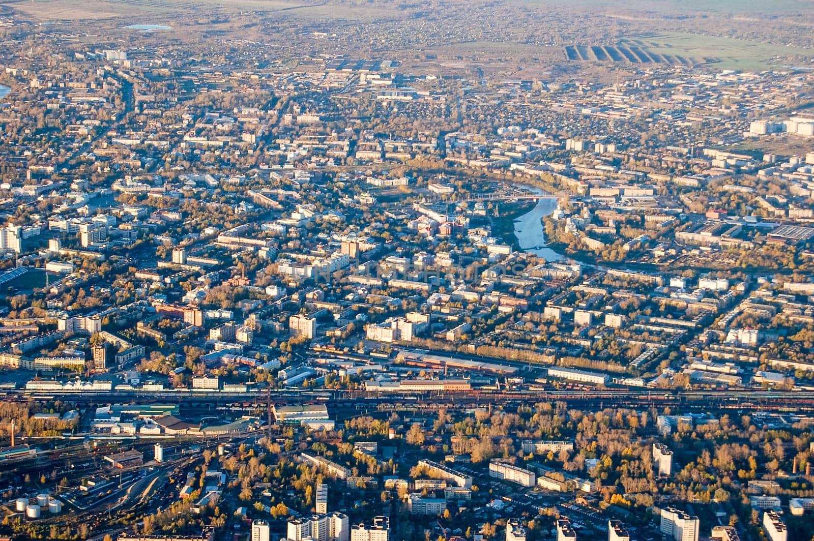 Vologda City bird's-eye view. Aerophotographing Vologda. Houses and buildings of the city.
