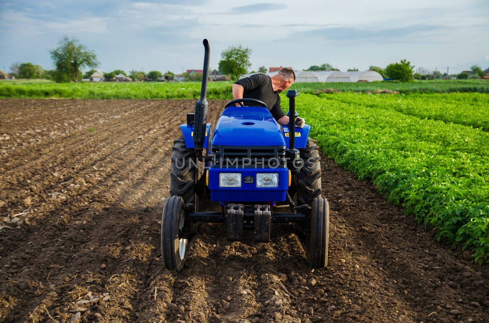 Kherson oblast, Ukraine - May 29, 2021: Farmer on a tractor works in the field. Seasonal worker. Milling soil before cutting rows. Recruiting workers with driving skills on agricultural machinery.