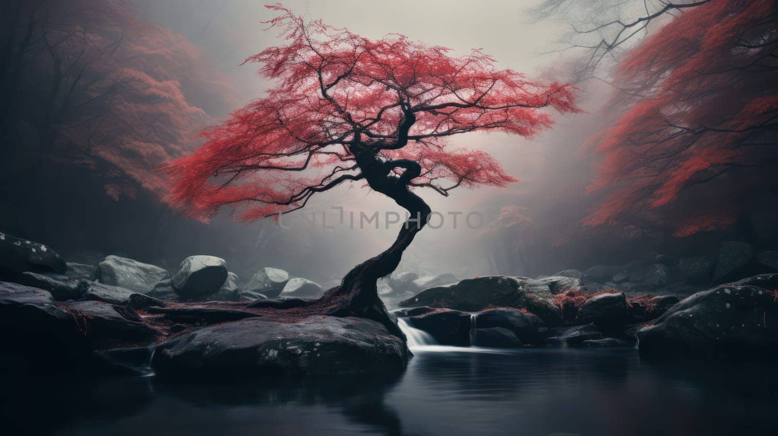 Misty landscape with red maple trees. Generative AI image
