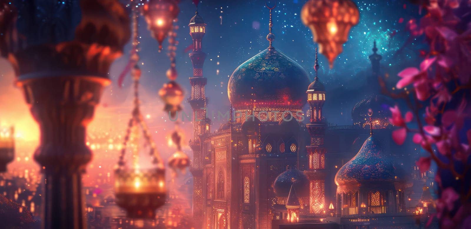Festive abstract greeting card for Muslim holy month Ramadan Kareem. Generative AI design