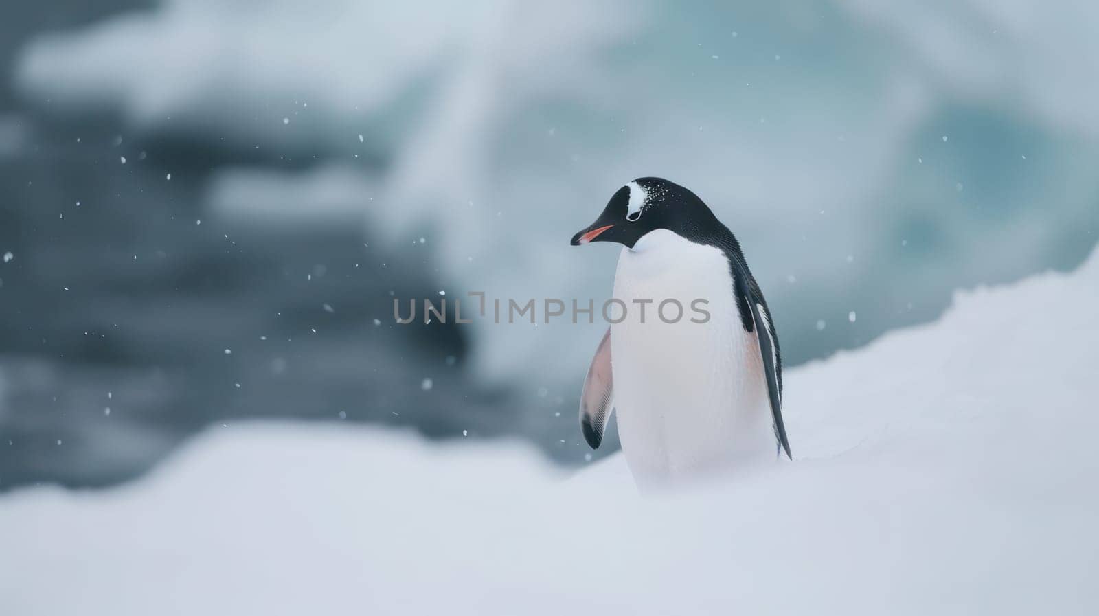 Lonely penguin in the snow. Generative AI image