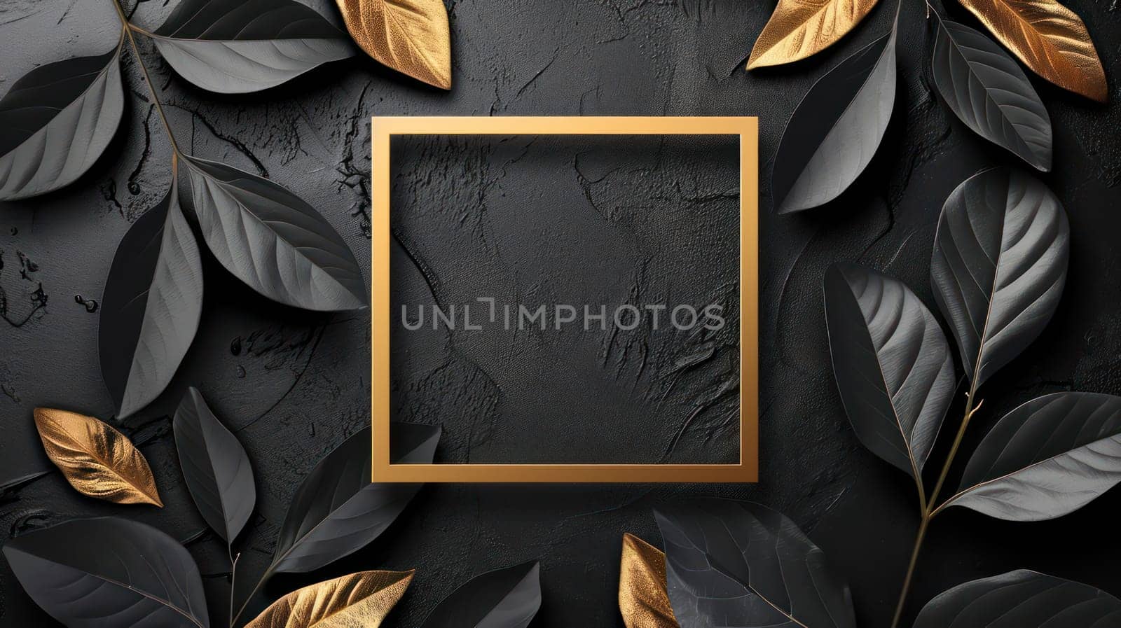 Golden black leaves and square frame on grunge abstract background. Generative AI design