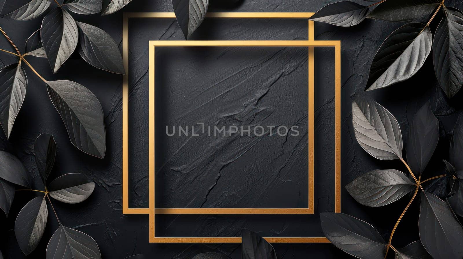 Golden black leaves and square frame on grunge abstract background. Generative AI design
