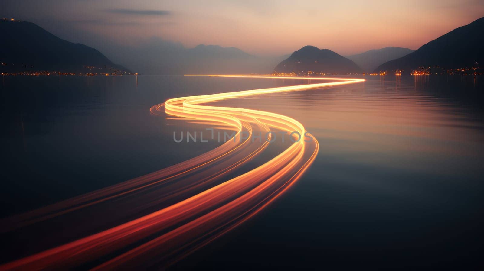 Trace of bright lights on the sea. Generative AI image