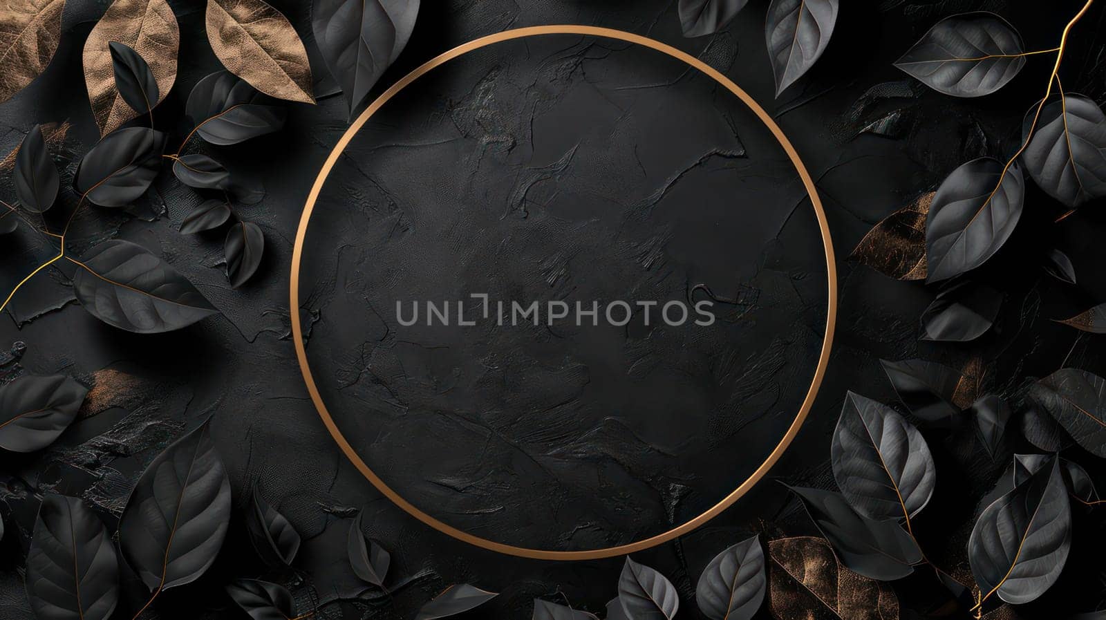 Golden black leaves and circle frame on grunge abstract background. Generative AI design
