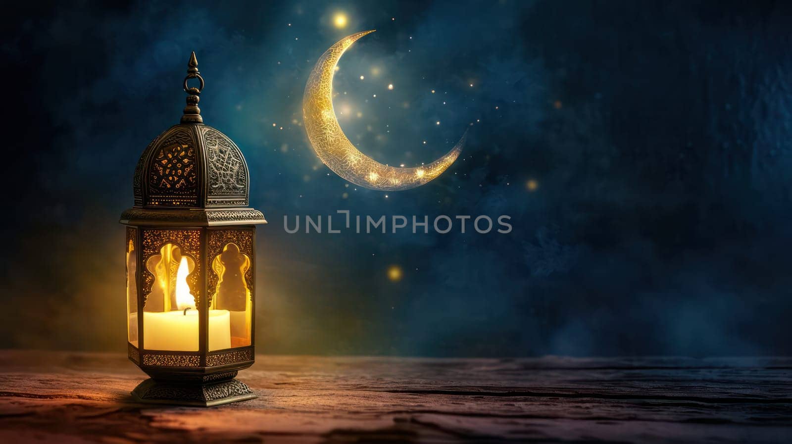 Arabic lantern and crescent moon, Ramadan Kareem background. Generative AI design