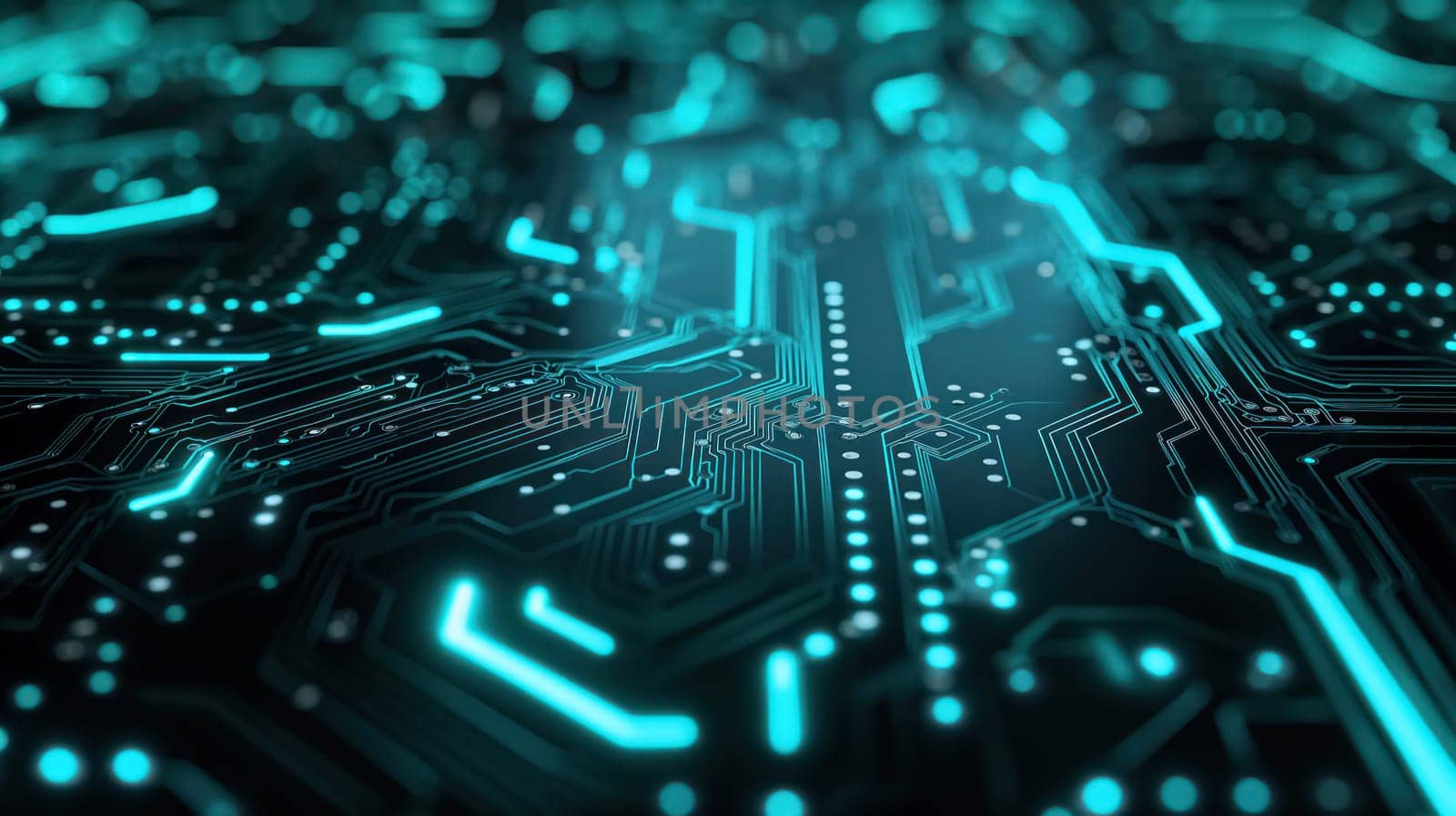 Glowing blue neon circuit board chip tech background. Generative AI design