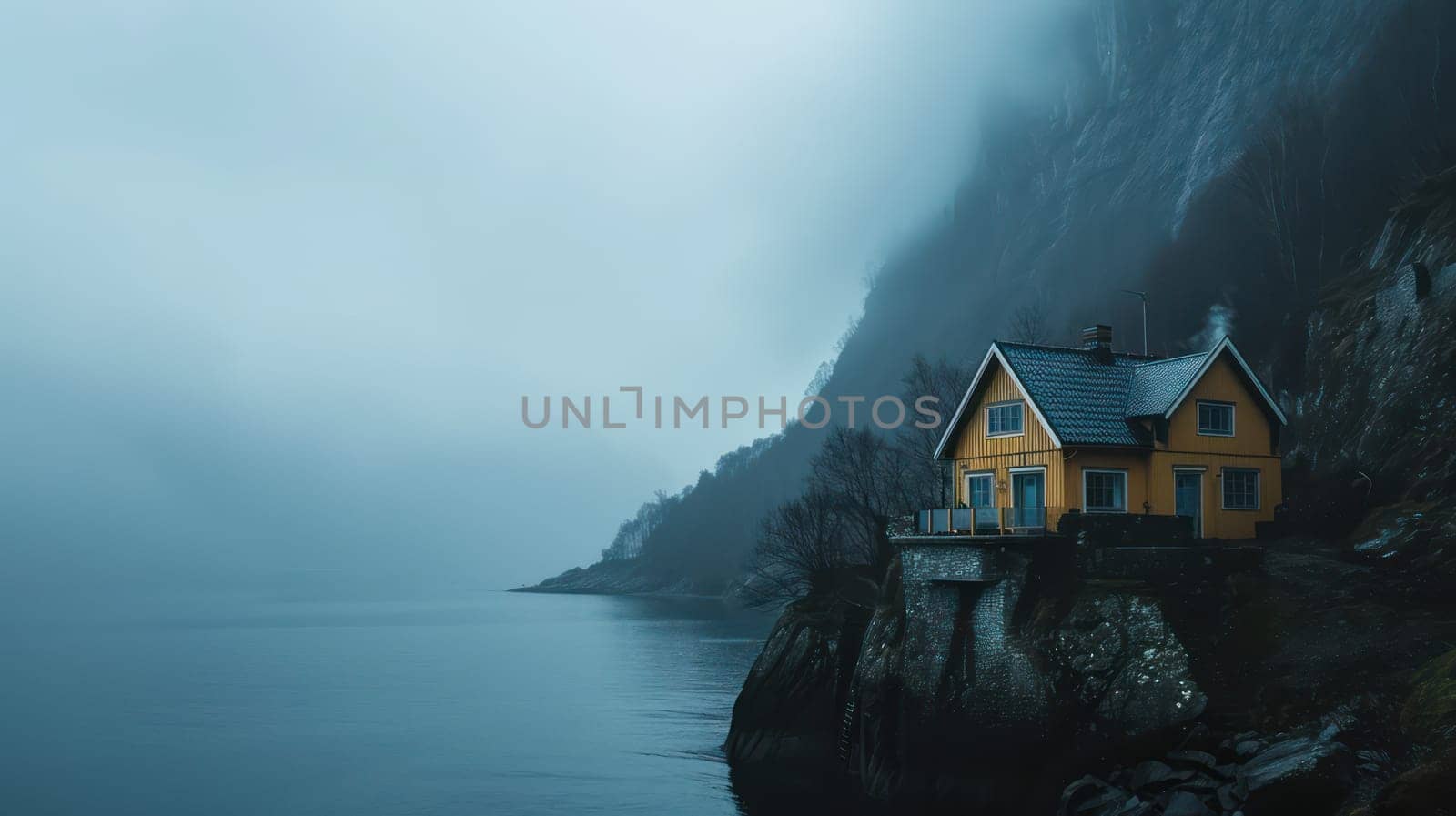 Cozy house on the sea cliff. Generative AI mage