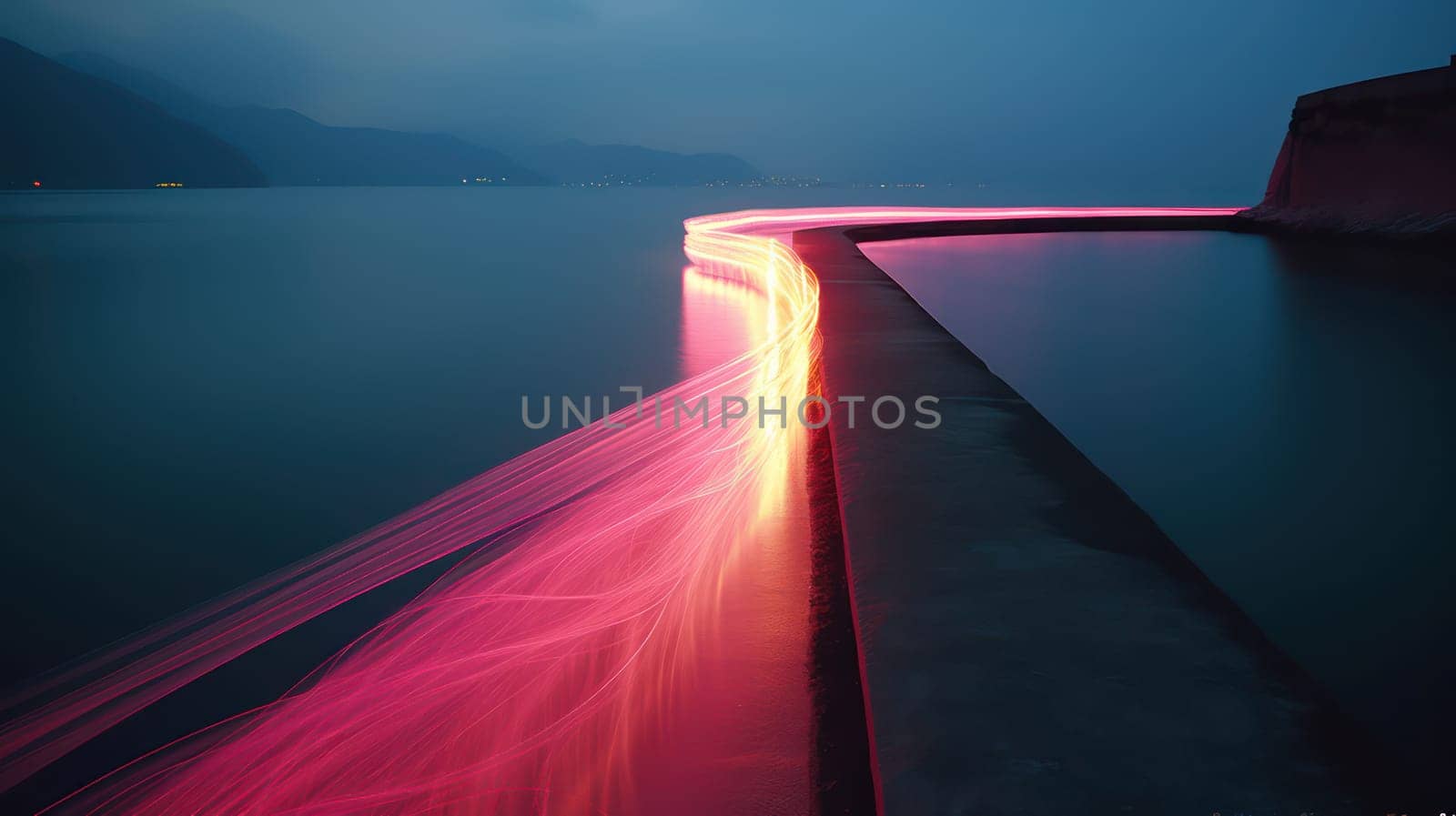 Trace of bright lights on the sea. Generative AI image