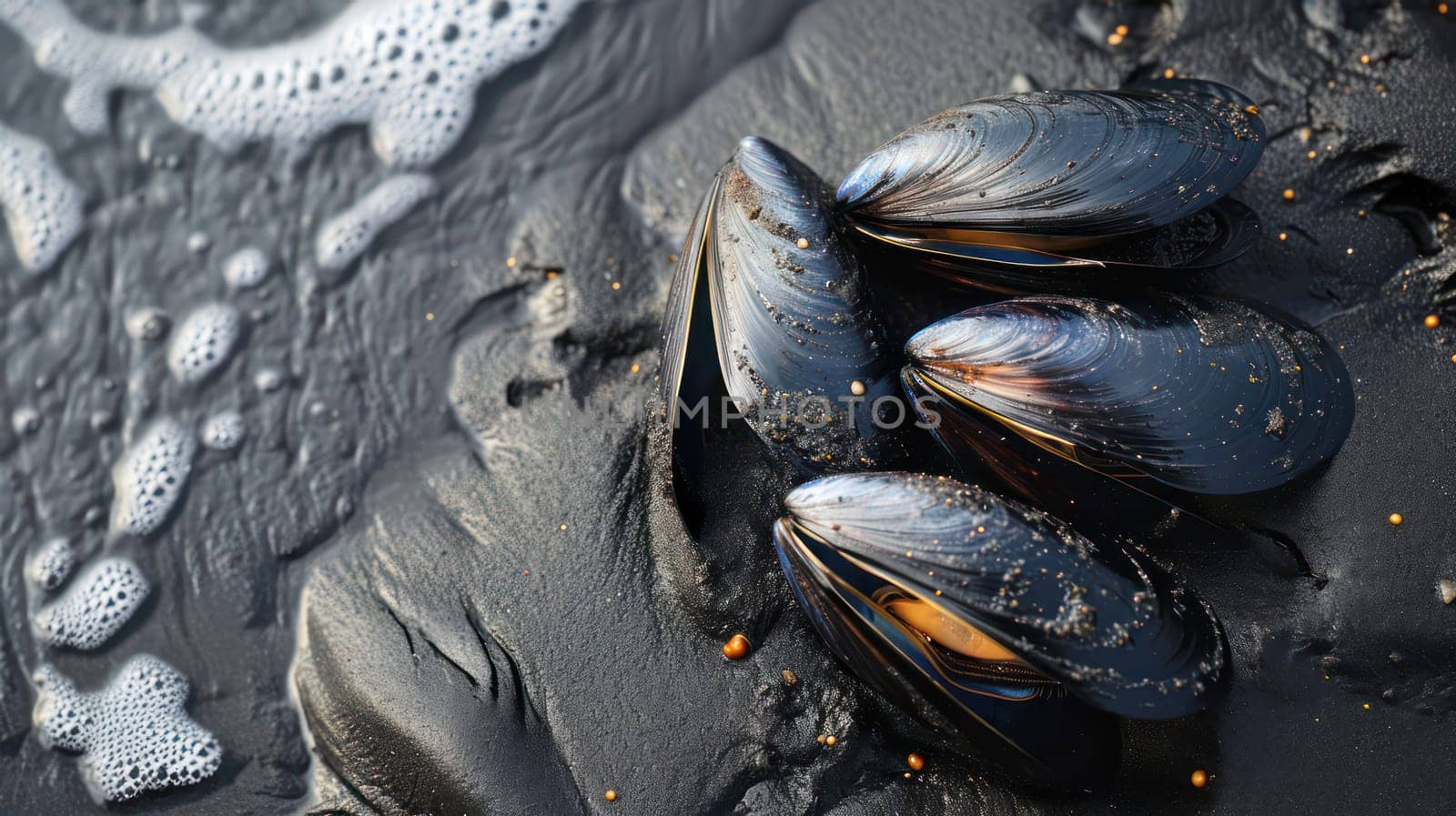 Fresh raw mussel on wet sand. Generative AI image