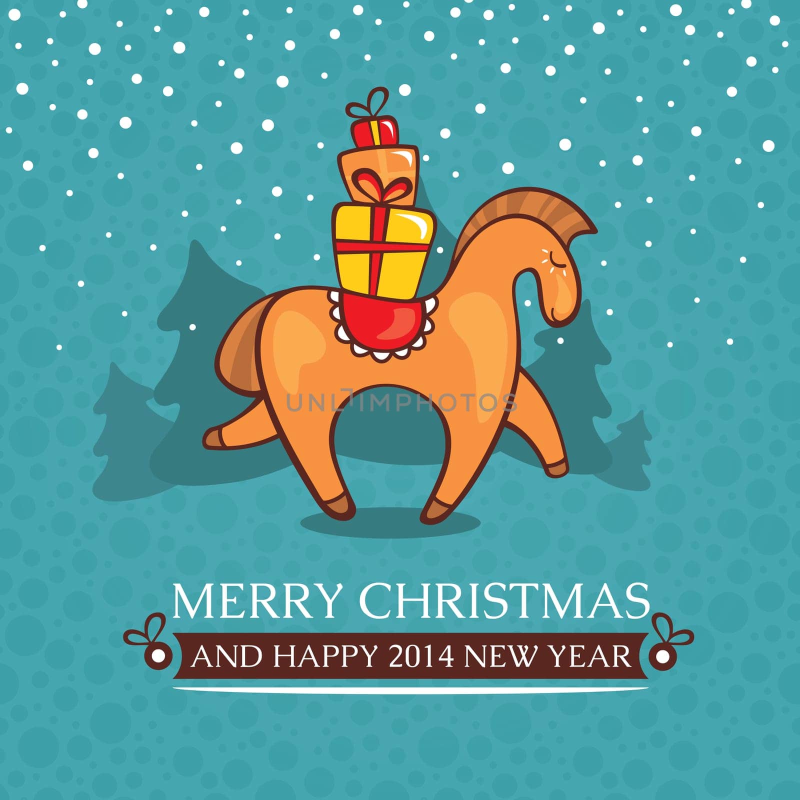 Christmas cute baby card with horse and gifts vector illustration