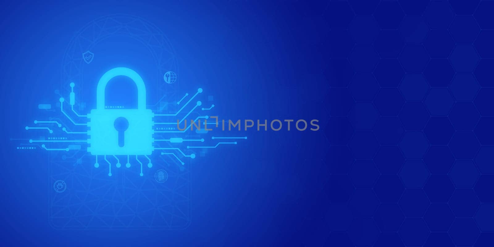Futuristic blue key and Security abstract technology background. Artificial intelligence digital transformation and Business quantum internet network communication and Antivirus.