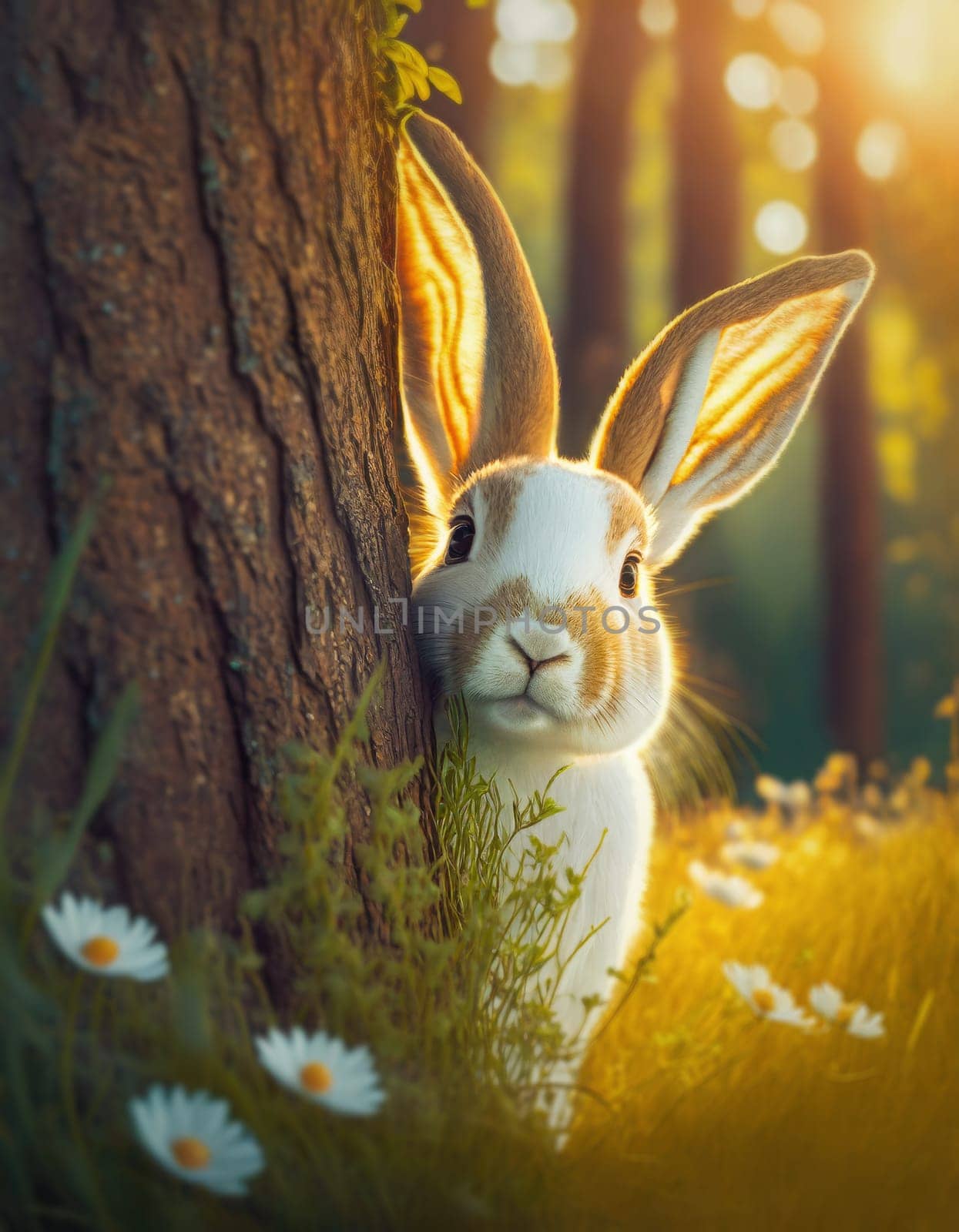 Cute rabbit hiding behind a tree in the forest