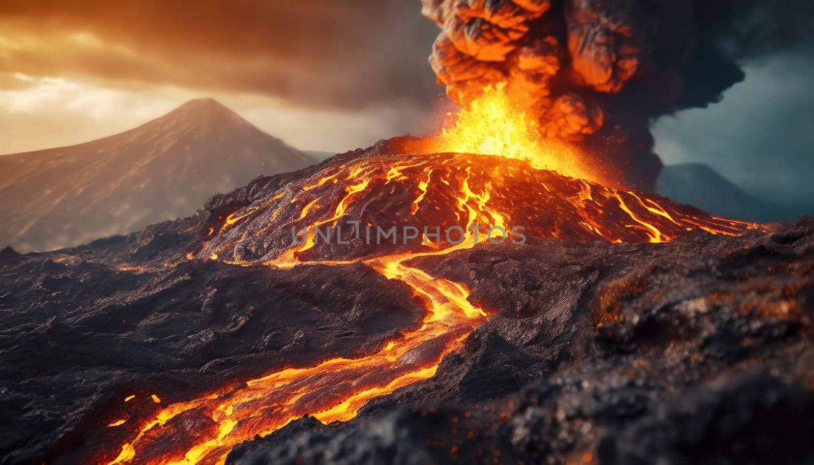 Volcanic eruption at night with flowing lava and ashes cloud. AI generated