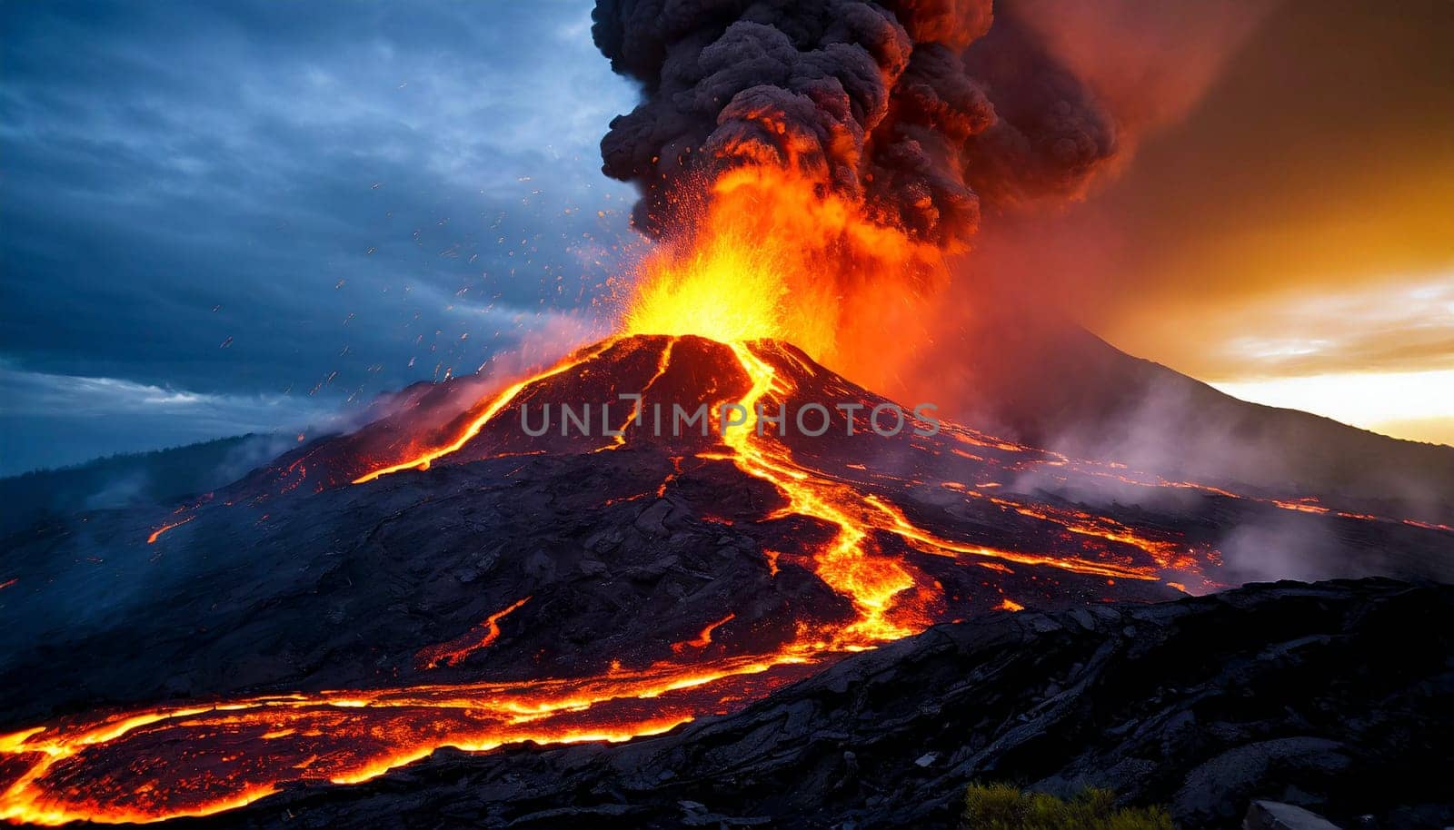 Volcanic eruption at night with flowing lava and ashes cloud. AI generated