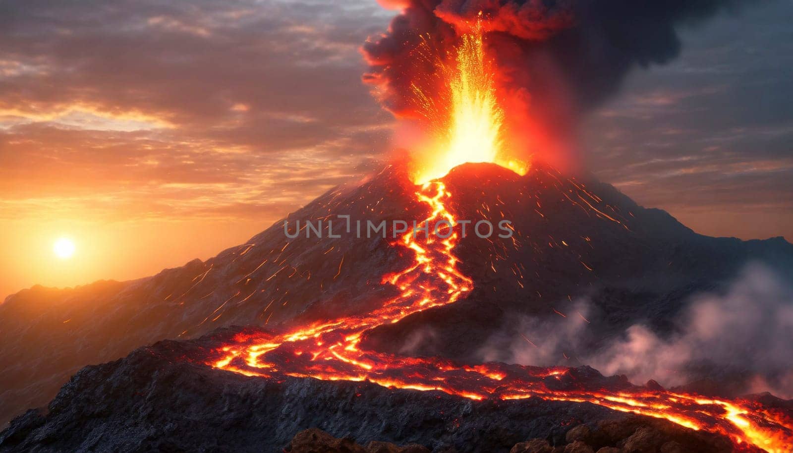 Volcanic eruption at night with flowing lava and ashes cloud. AI generated