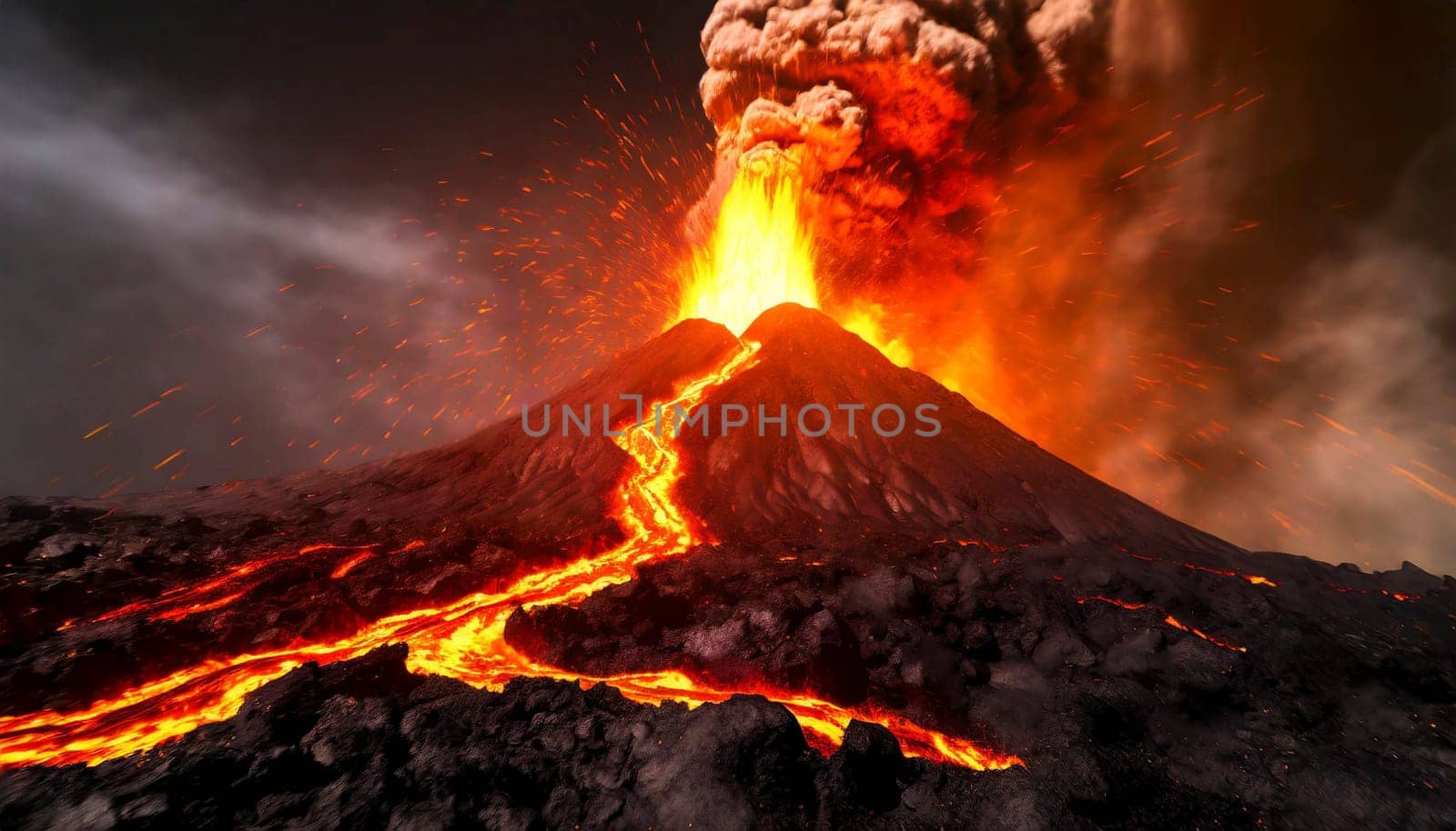 Volcanic eruption at night with flowing lava and ashes cloud. AI generated