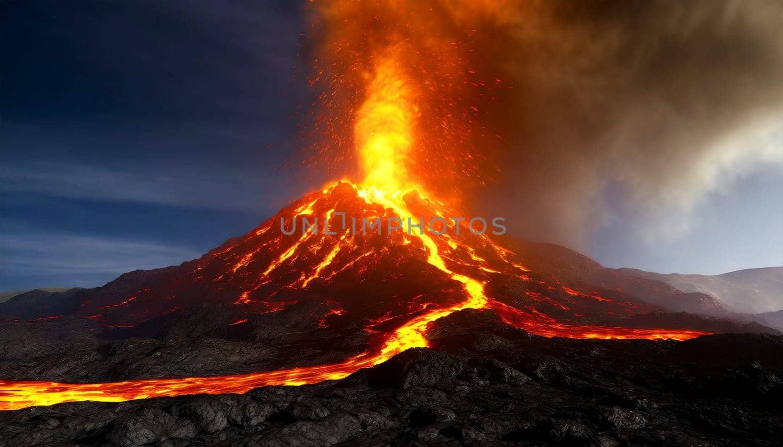 Volcanic eruption at night with flowing lava and ashes cloud. AI generated