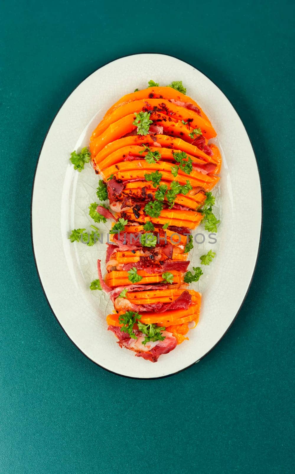 Delicious baked butternut squash. Baked butternut squash pumpkin stuffed with bacon.
