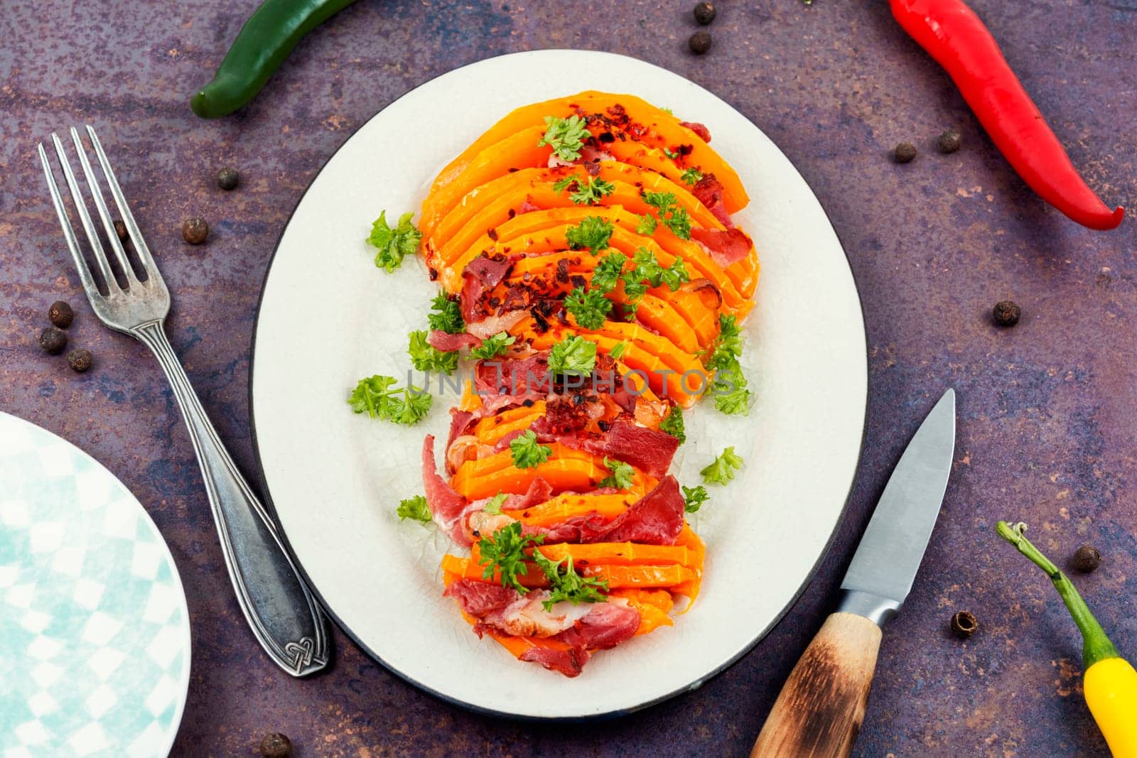 Delicious baked butternut squash. Baked butternut squash pumpkin stuffed with bacon.