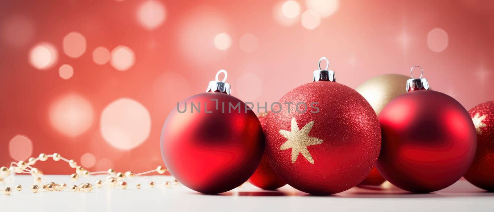 A collection of red Christmas ornaments placed on top of a table.