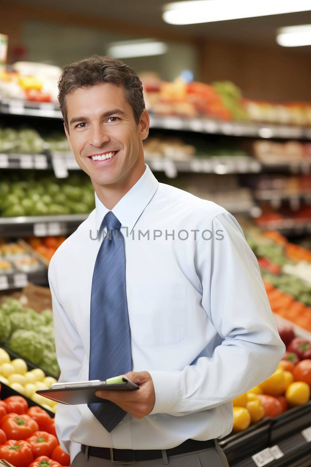 A man in a grocery store holds a clipboard as he tracks inventory and organizes stock.