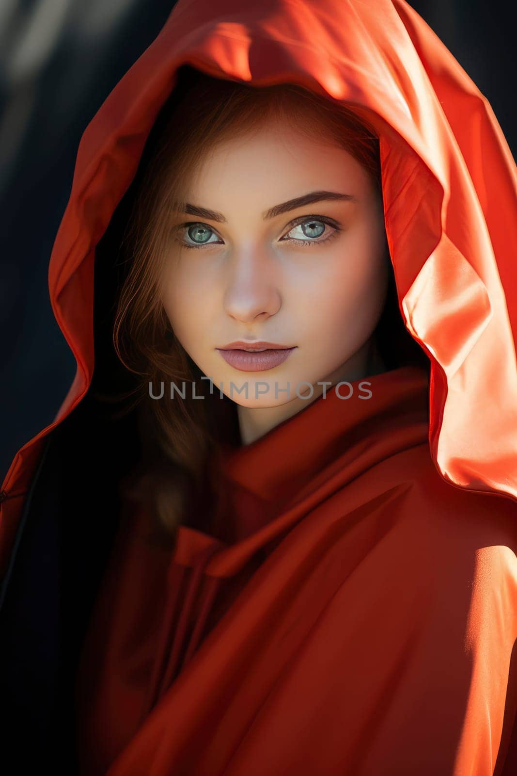 A captivating woman with mesmerizing blue eyes confidently poses while draped in a bold red cloak.
