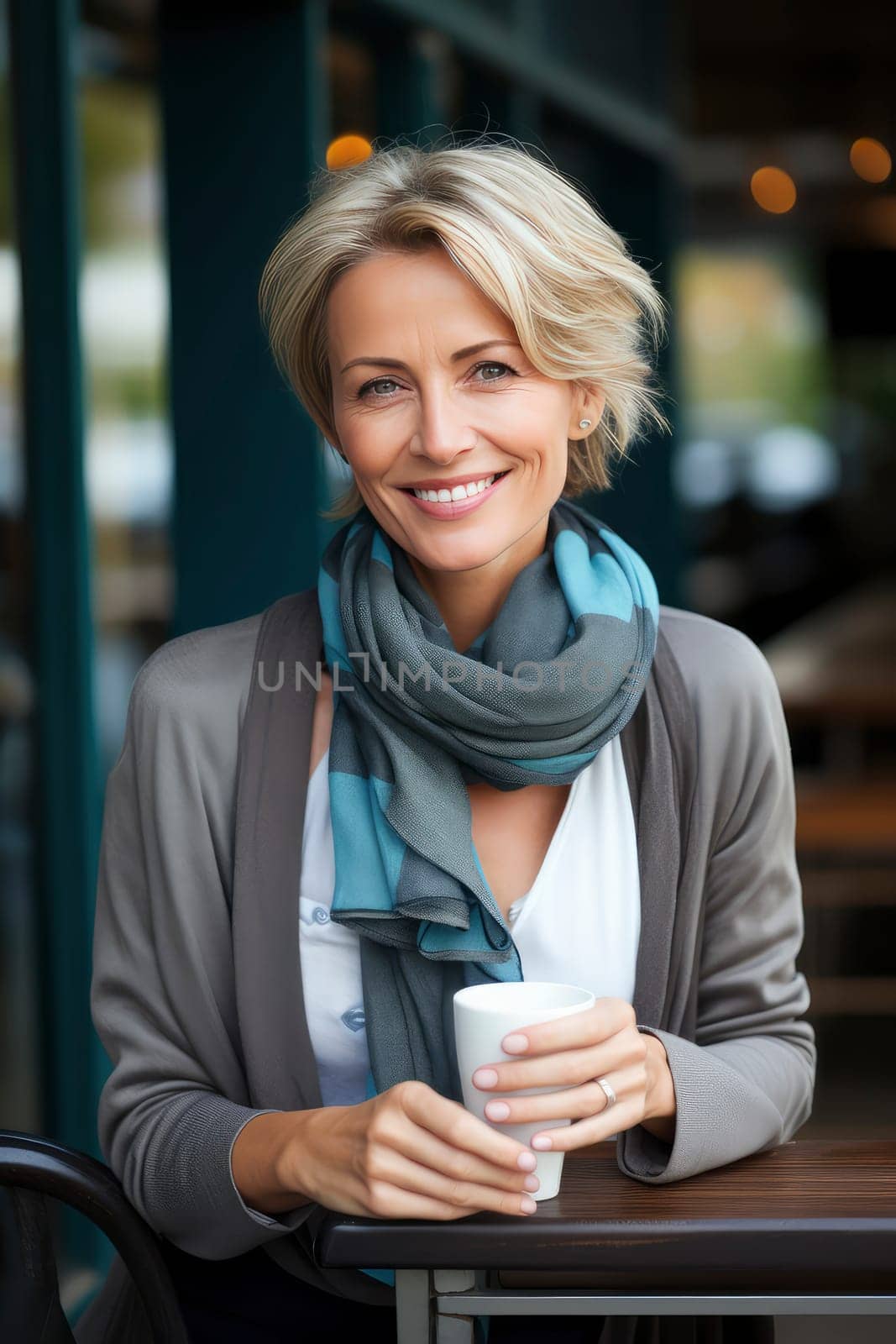 A woman sits at a table, enjoying a cup of coffee in a relaxed and peaceful moment.