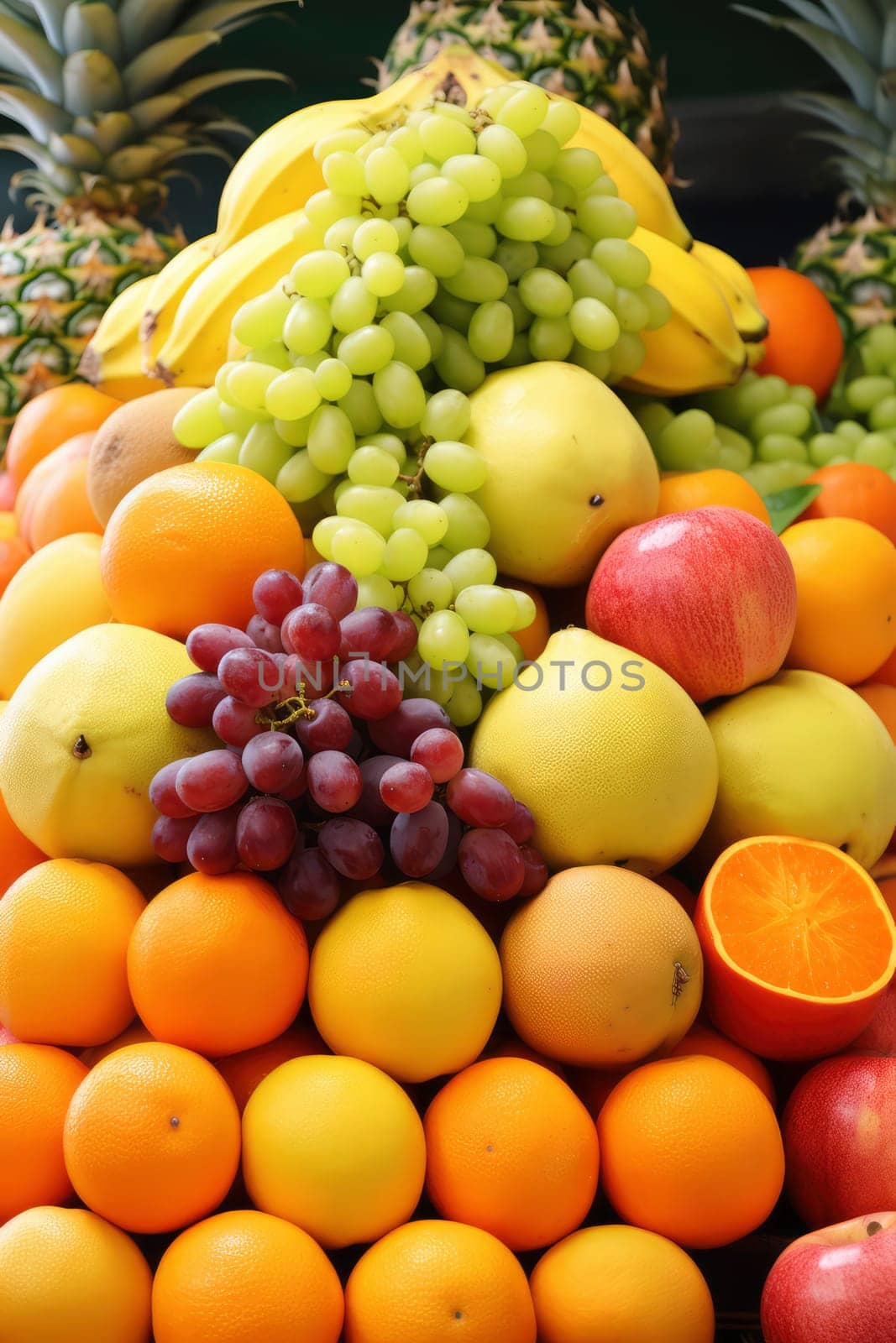 A pile of different fruits stacked on top of each other, showcasing a visual representation of the importance of a balanced and nutritious diet.