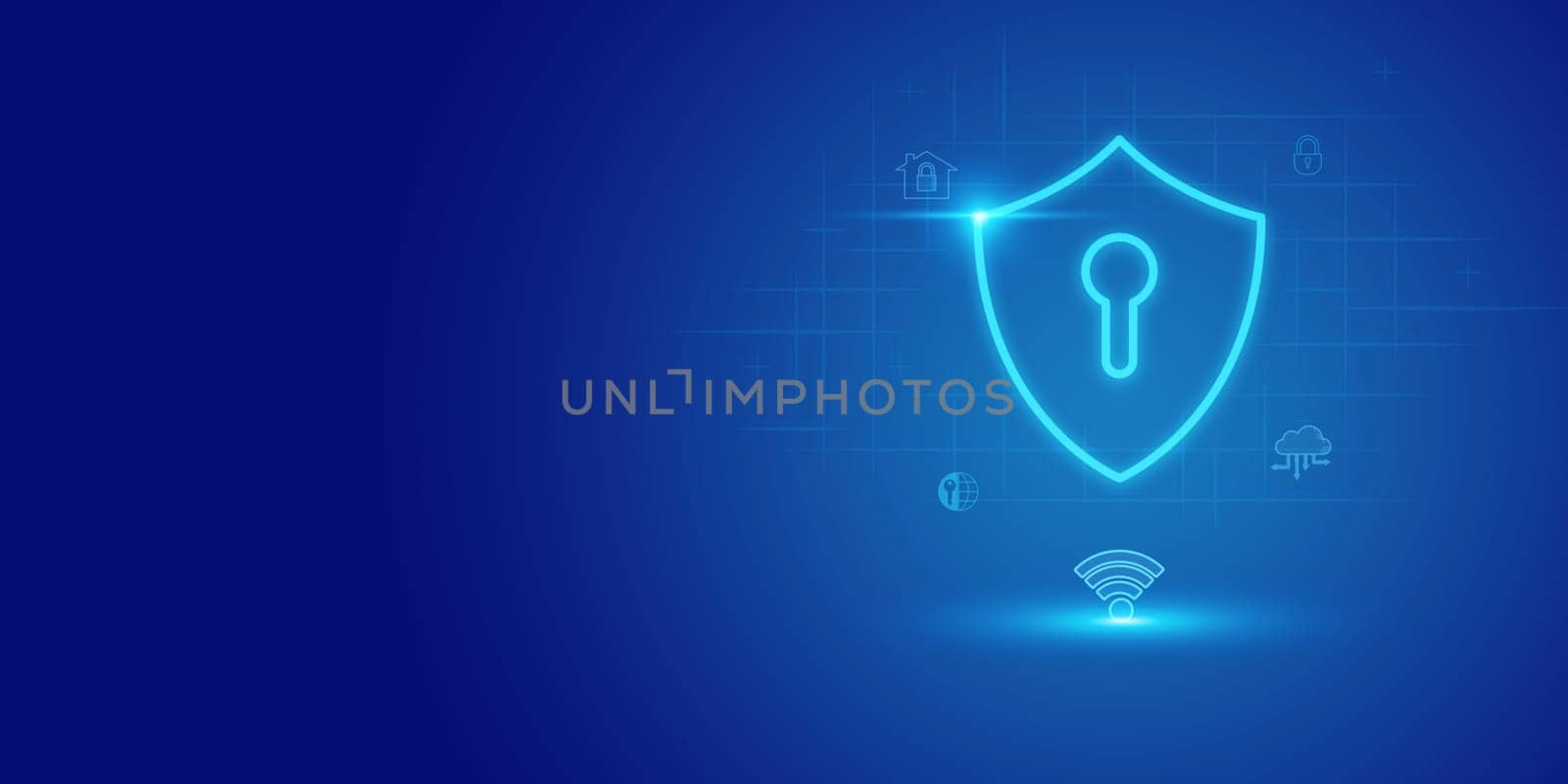 Futuristic blue shield ethics and Security abstract technology background. Artificial intelligence digital transformation and Business quantum internet network communication and Antivirus.