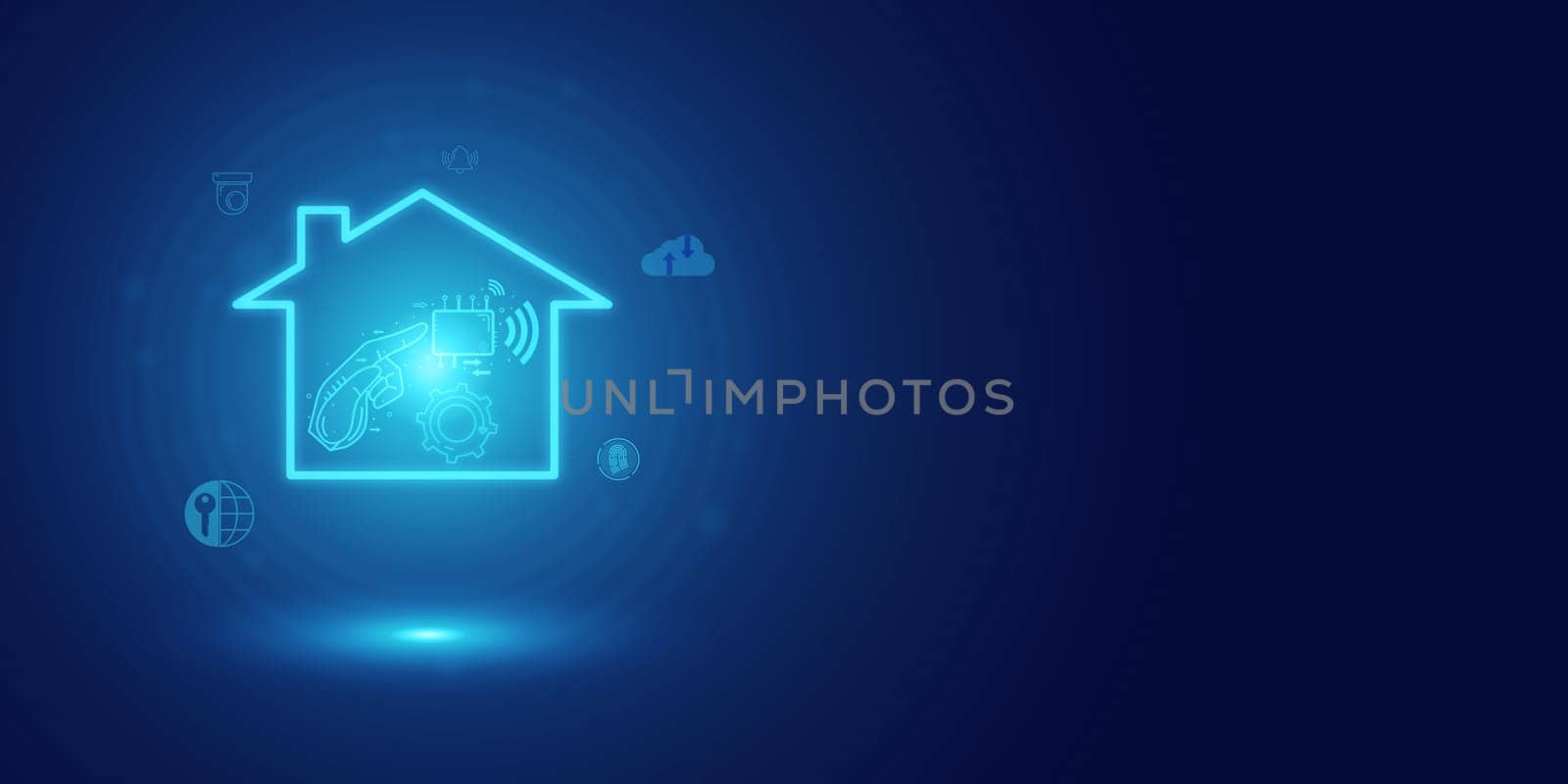 Futuristic blue smart home and abstract technology background, Smart home Automation Control System, Innovation technology internet Network Concept.