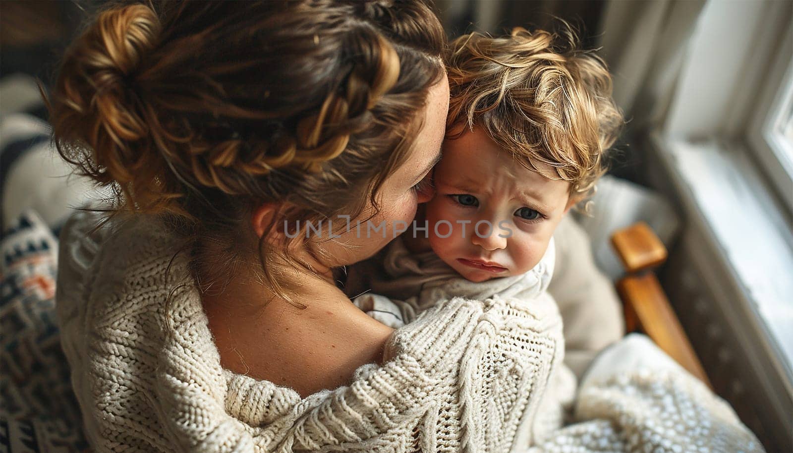 Loving understanding Mother embracing little crying child comforting upset kid, Caring mother hugging child consoling kid in tears, empathy support, Love embracing family portrait