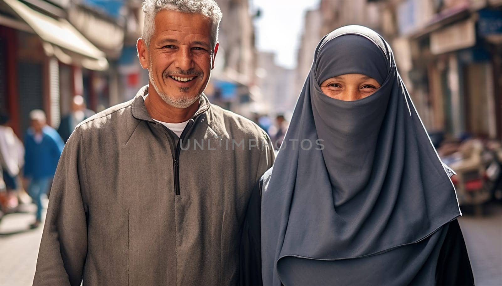 Happy couple in a Islam city. Wearing traditional Hijab clothes. Man and woman going out for shopping. Concept about relationship. Middle eastern couple Happy