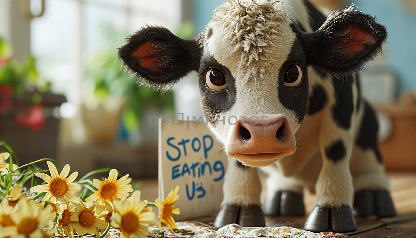 Cute sad cow by sign with the text "please don't eat me'' Cross Cut of Animal Meat with banned import, contaminated, no eating of meat like vegans or more. Cute animation. Meat industry,vegetarian concept animals"