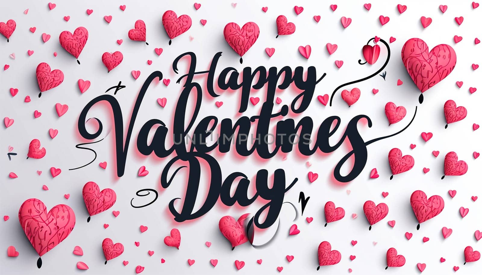 Valentine's greeting background design. Happy valentine's day text with elegant hearts decoration for valentine card. illustration. Pink colorful hearts flat lay against white background.
