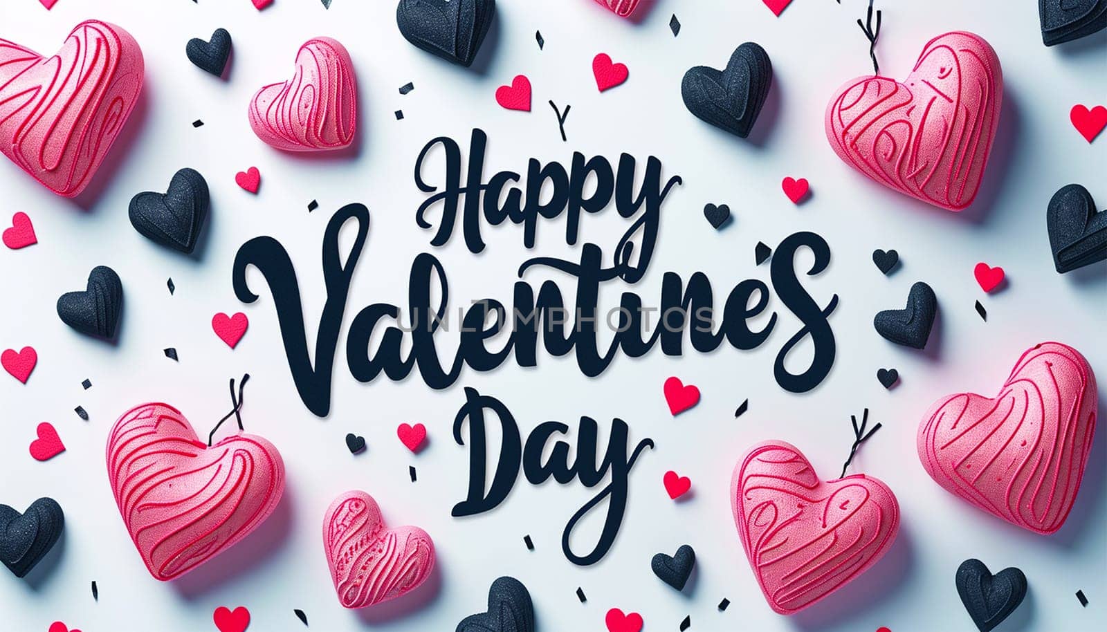 Valentine's greeting background design. Happy valentine's day text with elegant hearts decoration for valentine card. illustration. Pink colorful hearts flat lay against white background.