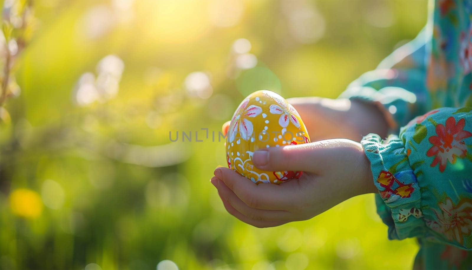 Easter egg hunt. Little child hunting for colorful painted eggs in spring garden on Easter day. Traditional Easter festival outdoors. Focus on multicolor eggs. Sunlight in the spring. Happy Easter Holiday Copy space