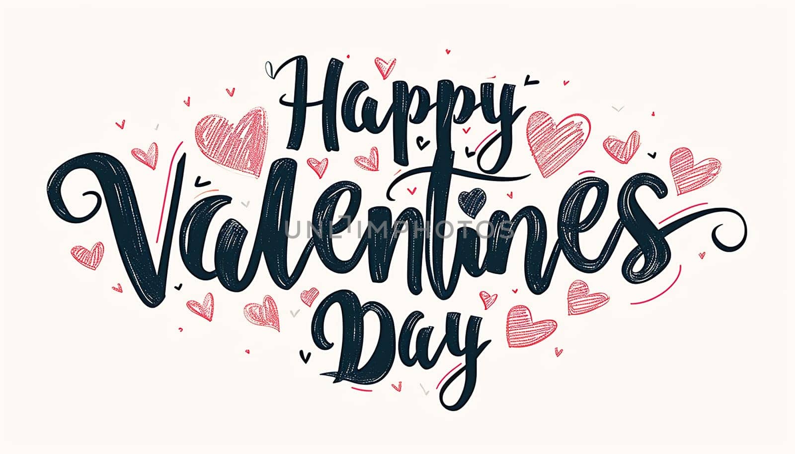 Valentine's greeting background design. Happy valentine's day text with elegant hearts decoration for valentine card. illustration. Pink colorful hearts flat lay against white background.